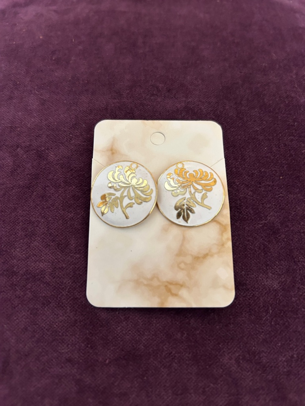 Gold Floral Round Stud Earrings - White and Gold